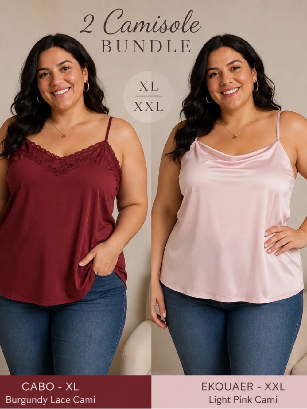 2 Camisole Bundle Cabi XL + Ekouaer XXL Pink & Burgundy Lace Cami